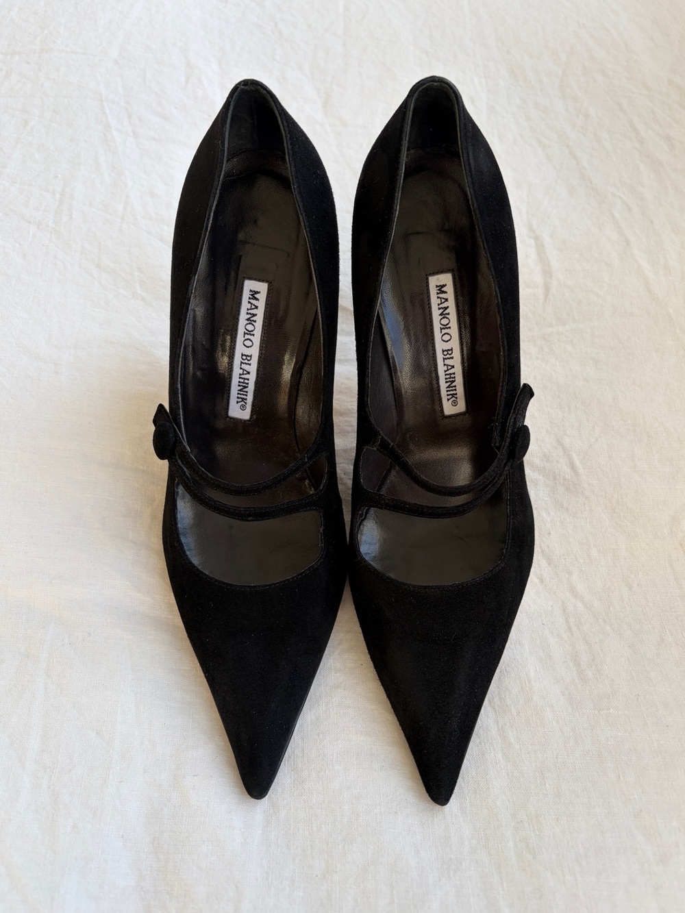 Vintage Manolo Blahnik Strappy Suede Pointy Toe Mary Jane Heels Black 90s